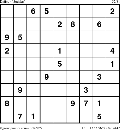 The grouppuzzles.com Difficult Sudoku puzzle for Saturday March 1, 2025