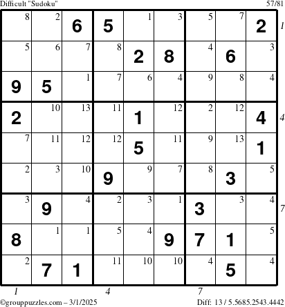 The grouppuzzles.com Difficult Sudoku puzzle for Saturday March 1, 2025 with all 13 steps marked