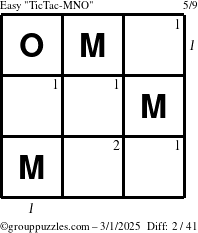 The grouppuzzles.com Easy TicTac-MNO puzzle for Saturday March 1, 2025 with all 2 steps marked