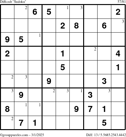 The grouppuzzles.com Difficult Sudoku puzzle for Saturday March 1, 2025 with the first 3 steps marked