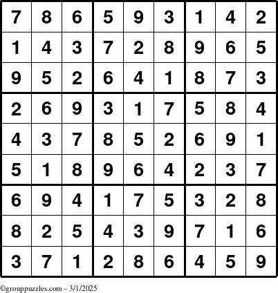 The grouppuzzles.com Answer grid for the Sudoku puzzle for Saturday March 1, 2025