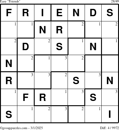 The grouppuzzles.com Easy Friends puzzle for Saturday March 1, 2025 with the first 3 steps marked