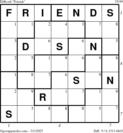 The grouppuzzles.com Difficult Friends puzzle for Saturday March 1, 2025 with all 9 steps marked