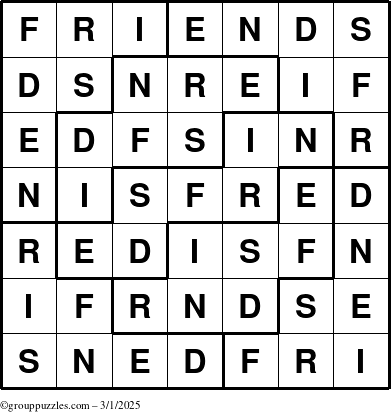 The grouppuzzles.com Answer grid for the Friends puzzle for Saturday March 1, 2025