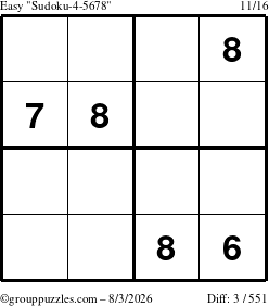 The grouppuzzles.com Easy Sudoku-4-5678 puzzle for Monday August 3, 2026