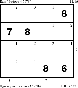 The grouppuzzles.com Easy Sudoku-4-5678 puzzle for Monday August 3, 2026, suitable for printing, with all 3 steps marked