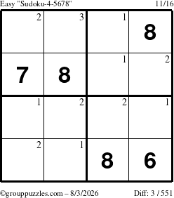 The grouppuzzles.com Easy Sudoku-4-5678 puzzle for Monday August 3, 2026 with the first 3 steps marked