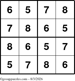 The grouppuzzles.com Answer grid for the Sudoku-4-5678 puzzle for Monday August 3, 2026