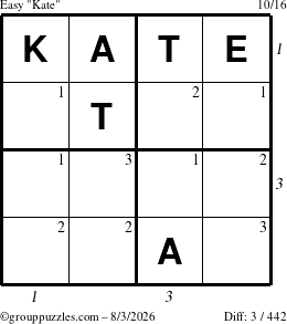 The grouppuzzles.com Easy Kate puzzle for Monday August 3, 2026 with all 3 steps marked