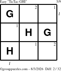 The grouppuzzles.com Easy TicTac-GHI puzzle for Monday August 3, 2026 with all 2 steps marked