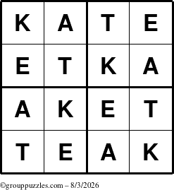 The grouppuzzles.com Answer grid for the Kate puzzle for Monday August 3, 2026