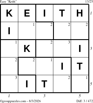 The grouppuzzles.com Easy Keith puzzle for Monday August 3, 2026 with all 3 steps marked