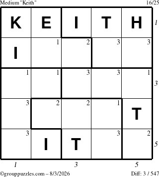 The grouppuzzles.com Medium Keith puzzle for Monday August 3, 2026 with all 3 steps marked