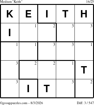 The grouppuzzles.com Medium Keith puzzle for Monday August 3, 2026 with the first 3 steps marked