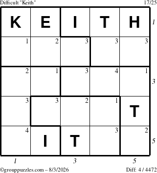 The grouppuzzles.com Difficult Keith puzzle for Monday August 3, 2026 with all 4 steps marked