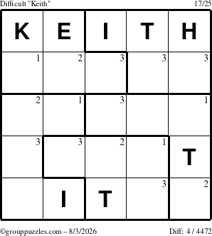 The grouppuzzles.com Difficult Keith puzzle for Monday August 3, 2026 with the first 3 steps marked