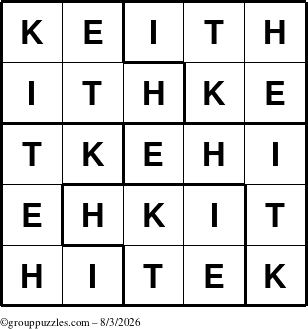 The grouppuzzles.com Answer grid for the Keith puzzle for Monday August 3, 2026