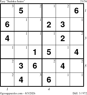 The grouppuzzles.com Easy Sudoku-Junior puzzle for Monday August 3, 2026 with all 3 steps marked