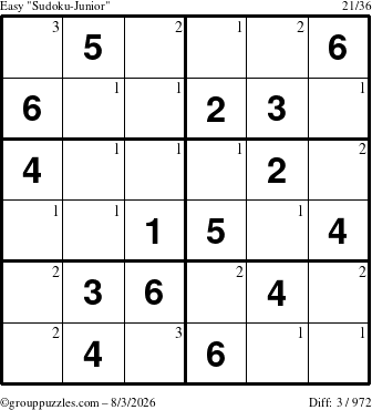 The grouppuzzles.com Easy Sudoku-Junior puzzle for Monday August 3, 2026 with the first 3 steps marked