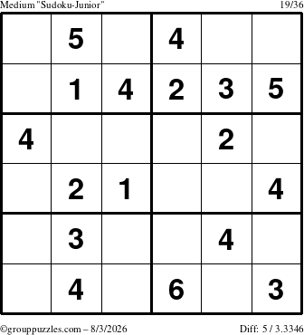 The grouppuzzles.com Medium Sudoku-Junior puzzle for Monday August 3, 2026