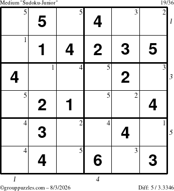 The grouppuzzles.com Medium Sudoku-Junior puzzle for Monday August 3, 2026 with all 5 steps marked