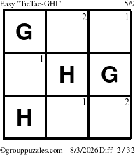 The grouppuzzles.com Easy TicTac-GHI puzzle for Monday August 3, 2026 with the first 2 steps marked