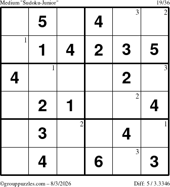 The grouppuzzles.com Medium Sudoku-Junior puzzle for Monday August 3, 2026 with the first 3 steps marked