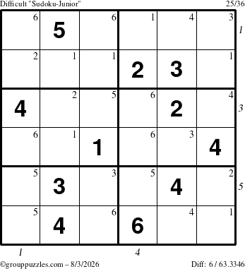 The grouppuzzles.com Difficult Sudoku-Junior puzzle for Monday August 3, 2026 with all 6 steps marked