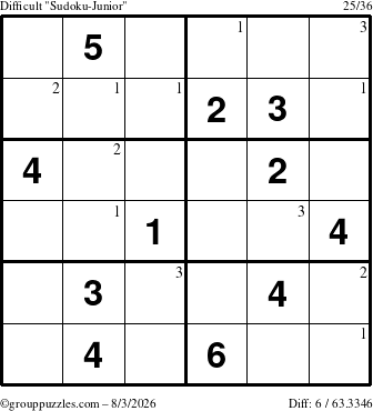 The grouppuzzles.com Difficult Sudoku-Junior puzzle for Monday August 3, 2026 with the first 3 steps marked
