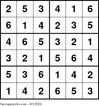 The grouppuzzles.com Answer grid for the Sudoku-Junior puzzle for Monday August 3, 2026