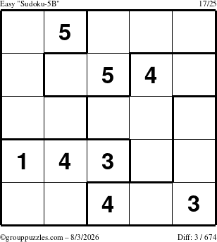The grouppuzzles.com Easy Sudoku-5B puzzle for Monday August 3, 2026