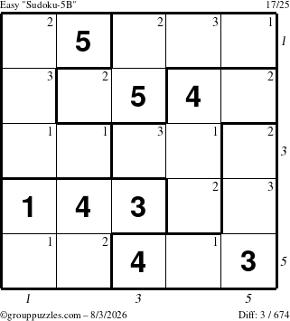 The grouppuzzles.com Easy Sudoku-5B puzzle for Monday August 3, 2026 with all 3 steps marked