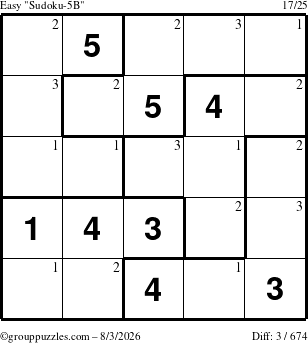 The grouppuzzles.com Easy Sudoku-5B puzzle for Monday August 3, 2026 with the first 3 steps marked