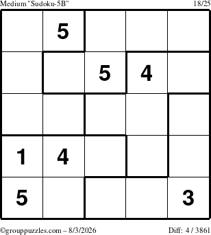 The grouppuzzles.com Medium Sudoku-5B puzzle for Monday August 3, 2026