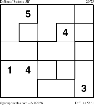 The grouppuzzles.com Difficult Sudoku-5B puzzle for Monday August 3, 2026