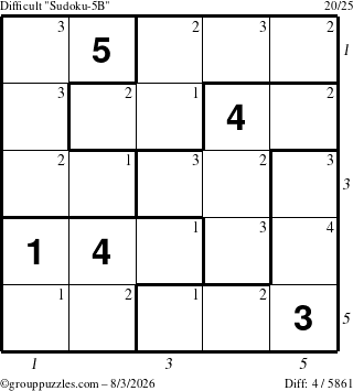 The grouppuzzles.com Difficult Sudoku-5B puzzle for Monday August 3, 2026 with all 4 steps marked