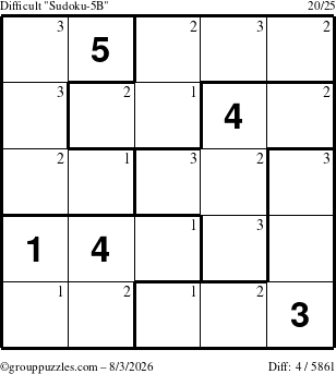 The grouppuzzles.com Difficult Sudoku-5B puzzle for Monday August 3, 2026 with the first 3 steps marked