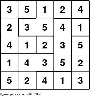 The grouppuzzles.com Answer grid for the Sudoku-5B puzzle for Monday August 3, 2026