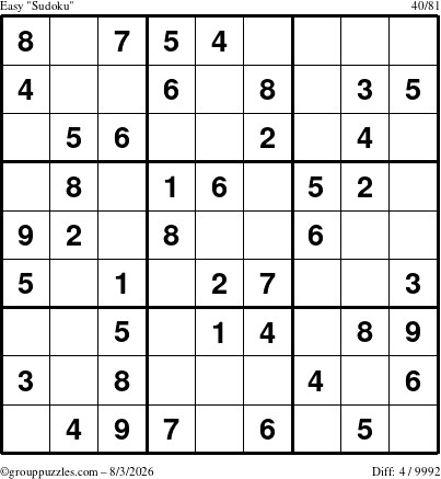 The grouppuzzles.com Easy Sudoku puzzle for Monday August 3, 2026