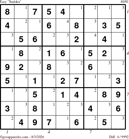 The grouppuzzles.com Easy Sudoku puzzle for Monday August 3, 2026, suitable for printing, with all 4 steps marked