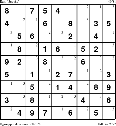 The grouppuzzles.com Easy Sudoku puzzle for Monday August 3, 2026 with the first 3 steps marked