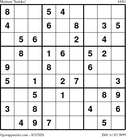 The grouppuzzles.com Medium Sudoku puzzle for Monday August 3, 2026