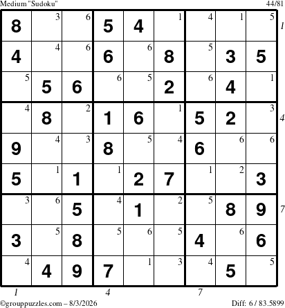 The grouppuzzles.com Medium Sudoku puzzle for Monday August 3, 2026 with all 6 steps marked
