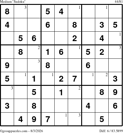 The grouppuzzles.com Medium Sudoku puzzle for Monday August 3, 2026 with the first 3 steps marked