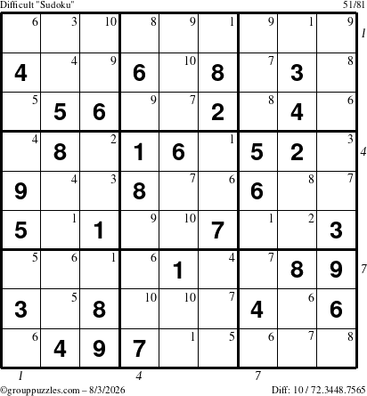 The grouppuzzles.com Difficult Sudoku puzzle for Monday August 3, 2026 with all 10 steps marked