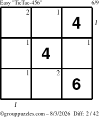 The grouppuzzles.com Easy TicTac-456 puzzle for Monday August 3, 2026 with all 2 steps marked