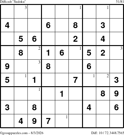 The grouppuzzles.com Difficult Sudoku puzzle for Monday August 3, 2026 with the first 3 steps marked