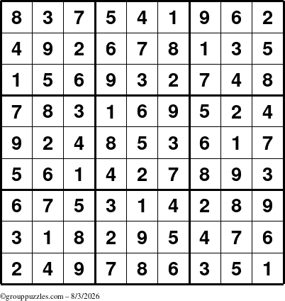 The grouppuzzles.com Answer grid for the Sudoku puzzle for Monday August 3, 2026