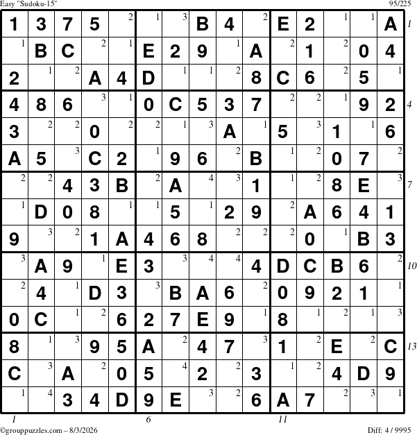 The grouppuzzles.com Easy Sudoku-15 puzzle for Monday August 3, 2026, suitable for printing, with all 4 steps marked