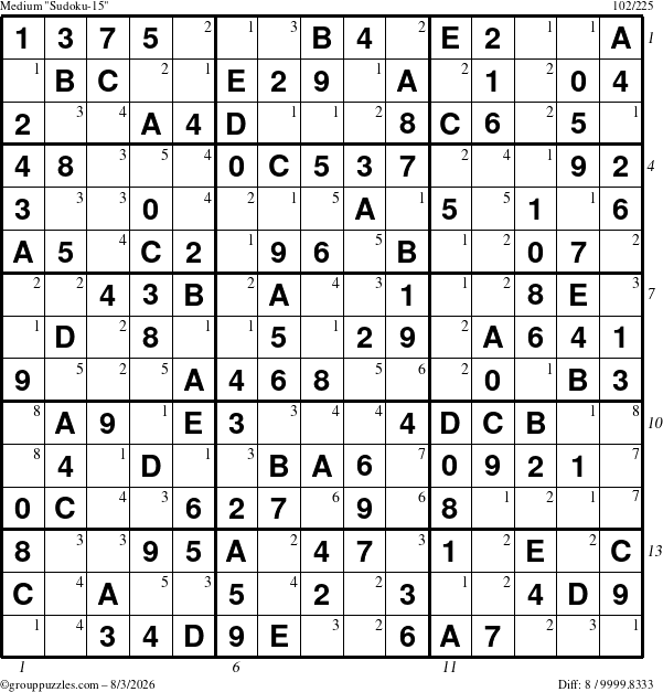 The grouppuzzles.com Medium Sudoku-15 puzzle for Monday August 3, 2026 with all 8 steps marked